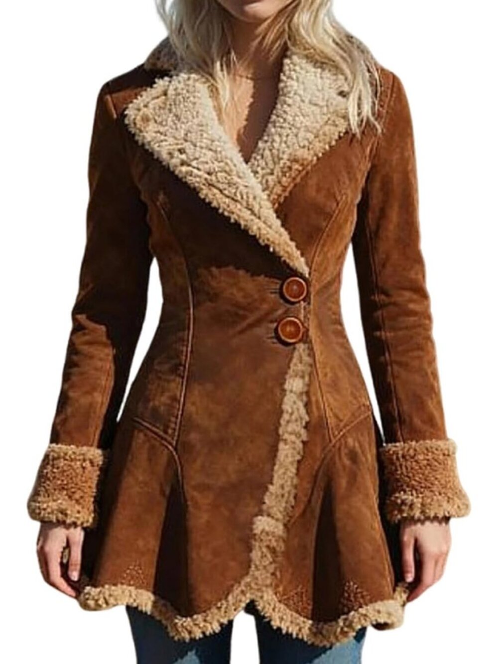 Women's Brown Faux Leather Long Sleeve Casual Outfits Slim Fit Fleece Jackets